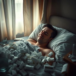 A sick man lying in bed, surrounded by tissues and medication, looking weary and exhausted