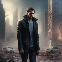 A high-quality digital art piece depicting a man, grief-stricken and resolute, standing amidst a chaotic cityscape