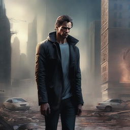 A high-quality digital art piece depicting a man, grief-stricken and resolute, standing amidst a chaotic cityscape