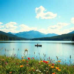 A serene landscape featuring a large, tranquil lake surrounded by lush, green forests
