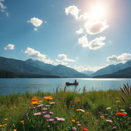 A serene landscape featuring a large, tranquil lake surrounded by lush, green forests