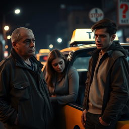 A poignant scene set on a dark, urban street illuminated by flickering streetlights