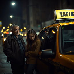 A poignant scene set on a dark, urban street illuminated by flickering streetlights