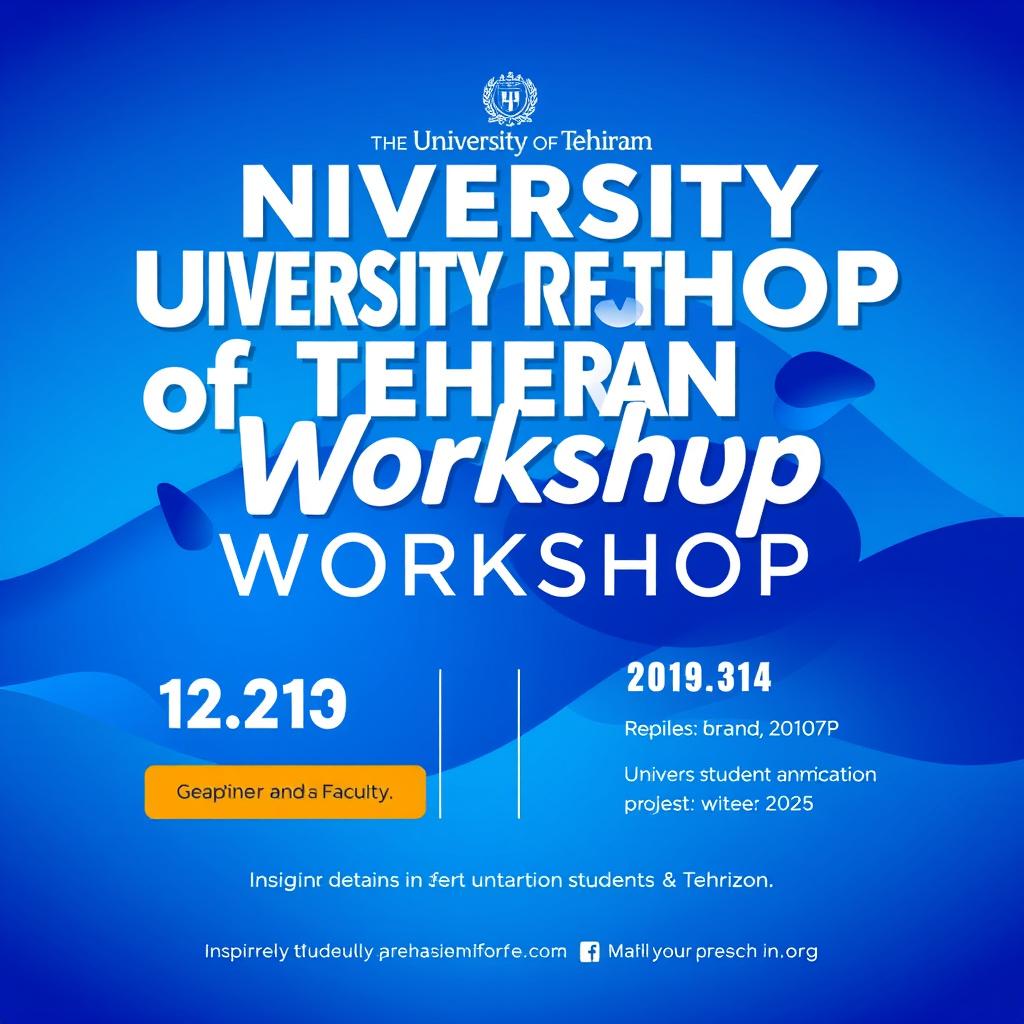 A captivating poster design for a workshop at the University of Tehran, prominently featuring a vivid blue theme