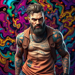 A hyper-realistic 3D character of a rugged man, adorned with vibrant tattoos and wearing casual street style clothing