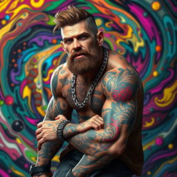 A hyper-realistic 3D character of a rugged man, adorned with vibrant tattoos and wearing casual street style clothing