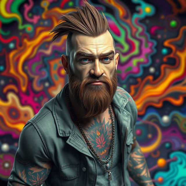 A hyper-realistic 3D character of a rugged man, adorned with vibrant tattoos and wearing casual street style clothing