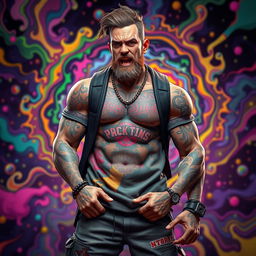 A hyper-realistic 3D character of a rugged man, adorned with vibrant tattoos and wearing casual street style clothing