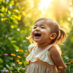 A joyful baby girl singing with a bright smile in the middle of a lush green forest