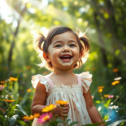 A joyful baby girl singing with a bright smile in the middle of a lush green forest