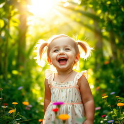A joyful baby girl singing with a bright smile in the middle of a lush green forest