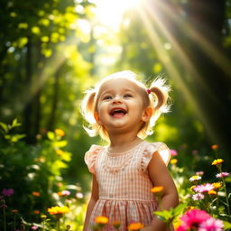 A joyful baby girl singing with a bright smile in the middle of a lush green forest