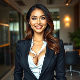 A beautiful Filipina woman, 26 years old, with very large breasts, exuding a playful and charming personality