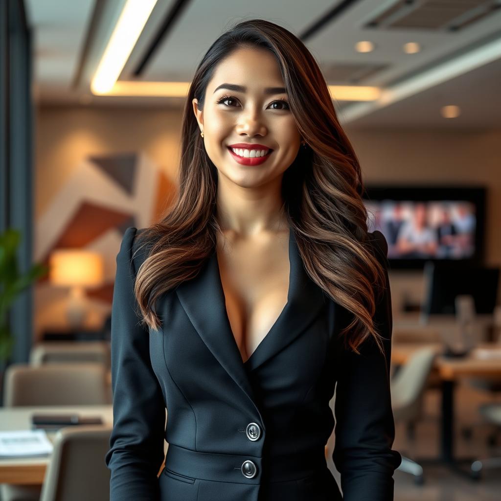 A beautiful Filipina woman, 26 years old, with very large breasts, exuding a playful and charming personality
