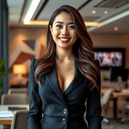 A beautiful Filipina woman, 26 years old, with very large breasts, exuding a playful and charming personality