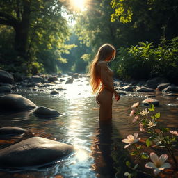 A serene natural landscape with a gentle stream flowing through a lush green forest