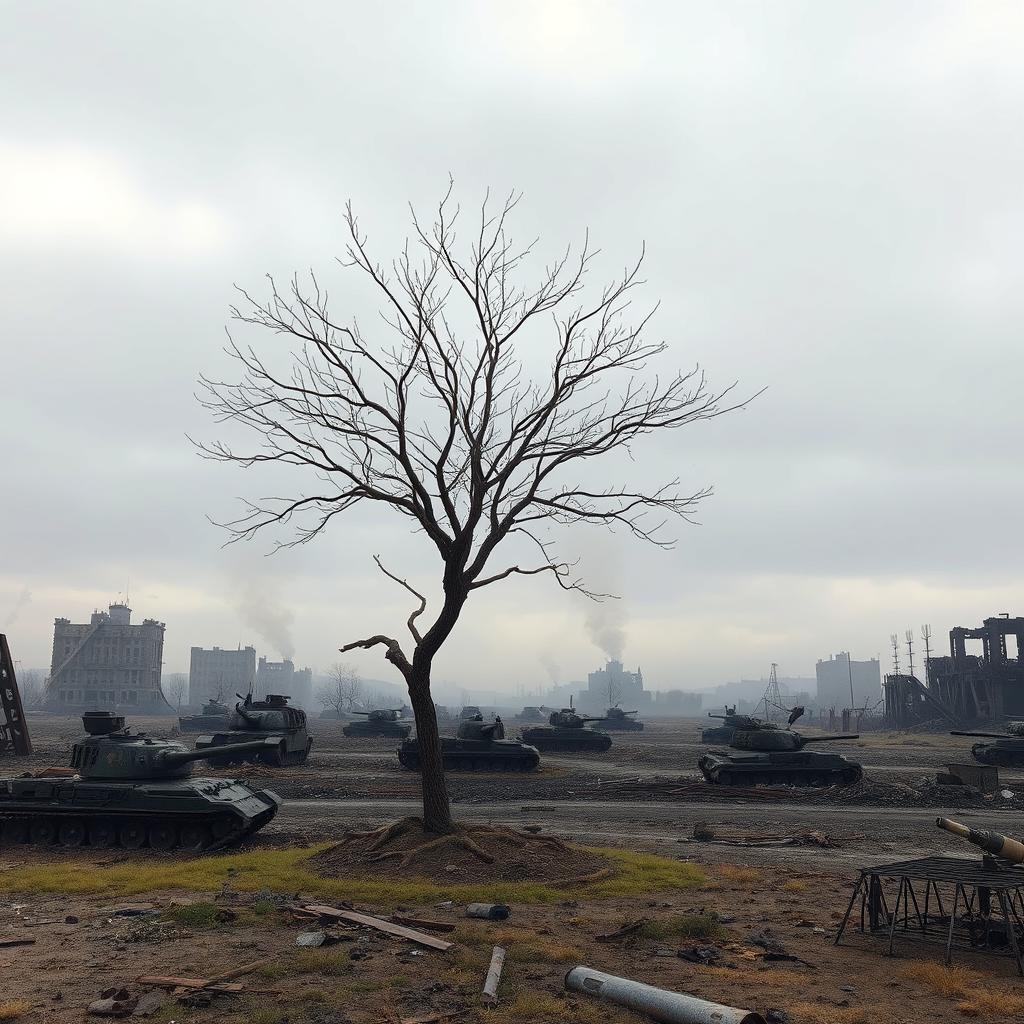 A vast, desolate war field in 2025, showcasing the aftermath of a devastating conflict
