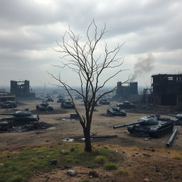 A vast, desolate war field in 2025, showcasing the aftermath of a devastating conflict