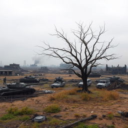 A vast, desolate war field in 2025, showcasing the aftermath of a devastating conflict