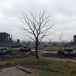 A vast, desolate war field in 2025, showcasing the aftermath of a devastating conflict