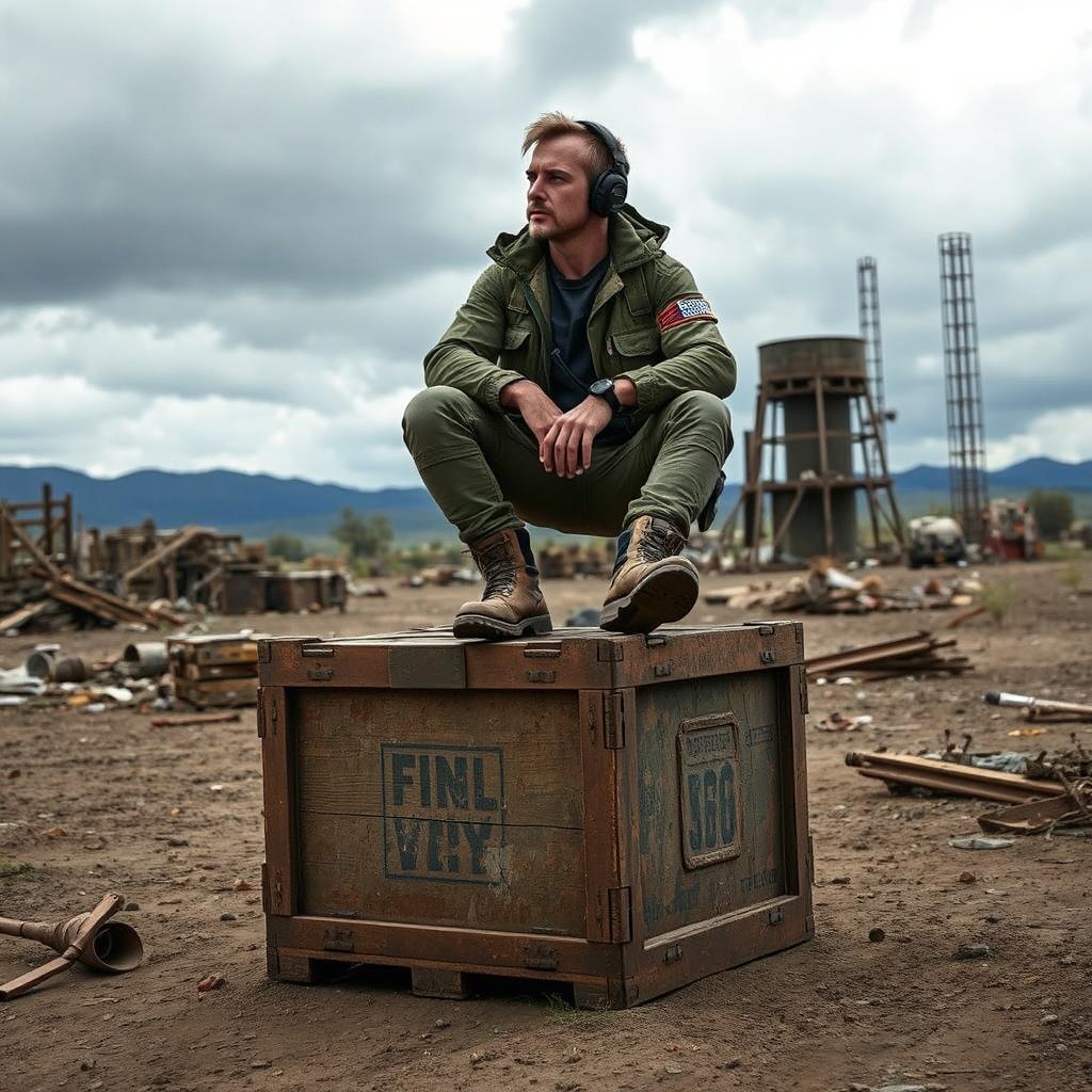 A scene inspired by a battle royale game setting, featuring a man sitting on top of a weathered wooden crate in a rugged, outdoor environment