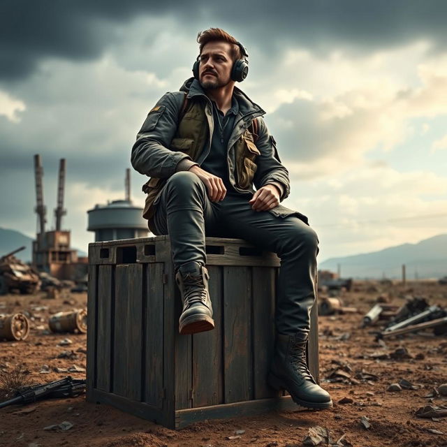 A scene inspired by a battle royale game setting, featuring a man sitting on top of a weathered wooden crate in a rugged, outdoor environment