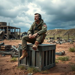 A scene inspired by a battle royale game setting, featuring a man sitting on top of a weathered wooden crate in a rugged, outdoor environment