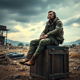 A scene inspired by a battle royale game setting, featuring a man sitting on top of a weathered wooden crate in a rugged, outdoor environment