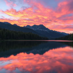 A serene and tranquil landscape at sunset, featuring a lake surrounded by lush green forests and majestic mountains in the background