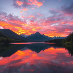 A serene and tranquil landscape at sunset, featuring a lake surrounded by lush green forests and majestic mountains in the background