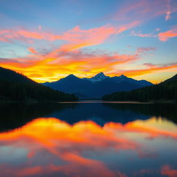 A serene and tranquil landscape at sunset, featuring a lake surrounded by lush green forests and majestic mountains in the background