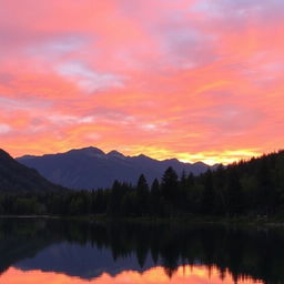 A serene and tranquil landscape at sunset, featuring a lake surrounded by lush green forests and majestic mountains in the background