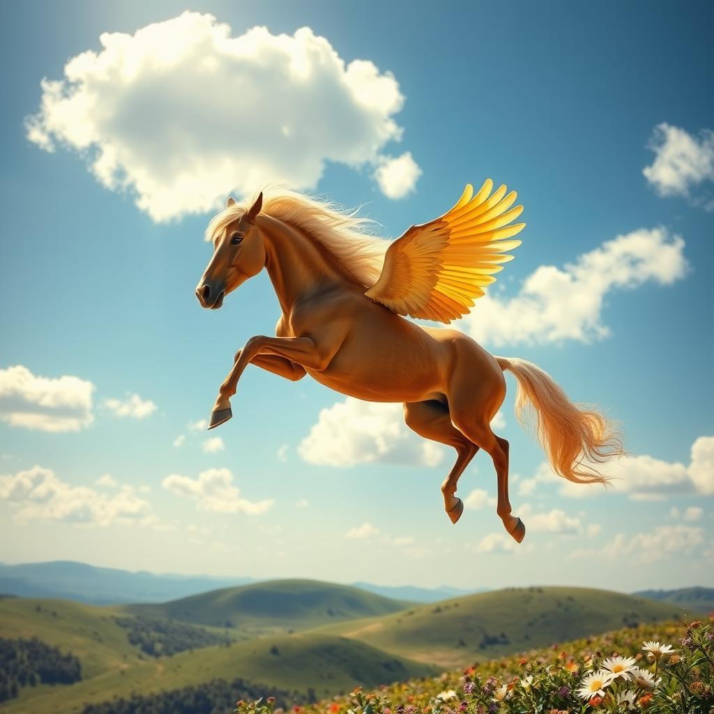 A majestic flying horse with beautiful, flowing mane and wings soaring through a clear blue sky, surrounded by soft, fluffy clouds