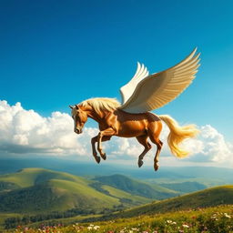 A majestic flying horse with beautiful, flowing mane and wings soaring through a clear blue sky, surrounded by soft, fluffy clouds