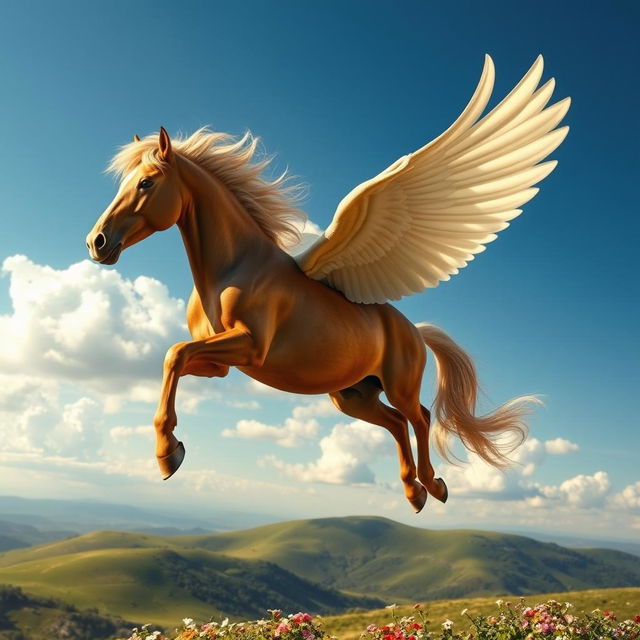 A majestic flying horse with beautiful, flowing mane and wings soaring through a clear blue sky, surrounded by soft, fluffy clouds