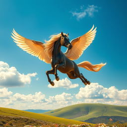 A majestic flying horse with beautiful, flowing mane and wings soaring through a clear blue sky, surrounded by soft, fluffy clouds