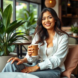 A beautiful Filipina woman, 26 years old, with very large breasts, radiating a relaxed and playful vibe