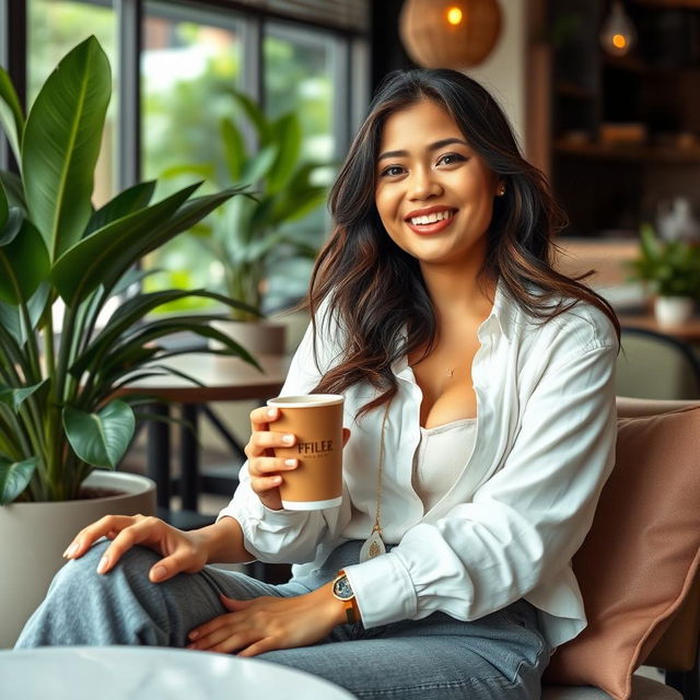 A beautiful Filipina woman, 26 years old, with very large breasts, radiating a relaxed and playful vibe