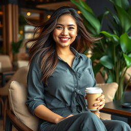 A beautiful Filipina woman, 26 years old, with very large breasts, radiating a relaxed and playful vibe