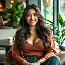 A beautiful Filipina woman, 26 years old, with very large breasts, radiating a relaxed and playful vibe