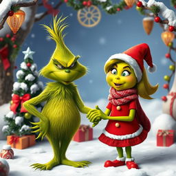 The Grinch, a mischievous green character with a sly grin, is holding hands with a female Grinch, who has a similar green hue, playful facial features, and a charming smile