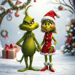 The Grinch, a mischievous green character with a sly grin, is holding hands with a female Grinch, who has a similar green hue, playful facial features, and a charming smile