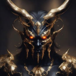 A high-quality digital art image portraying a demon with dark, penetrating eyes, adorned in gold