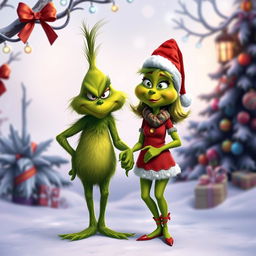 The Grinch, a mischievous green character with a sly grin, is holding hands with a female Grinch, who has a similar green hue, playful facial features, and a charming smile
