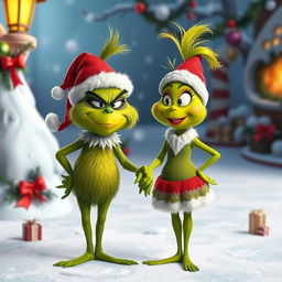 The Grinch, a mischievous green character with a sly grin, is holding hands with a female Grinch, who has a similar green hue, playful facial features, and a charming smile