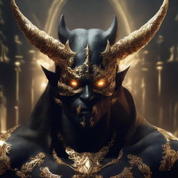 A high-quality digital art image portraying a demon with dark, penetrating eyes, adorned in gold