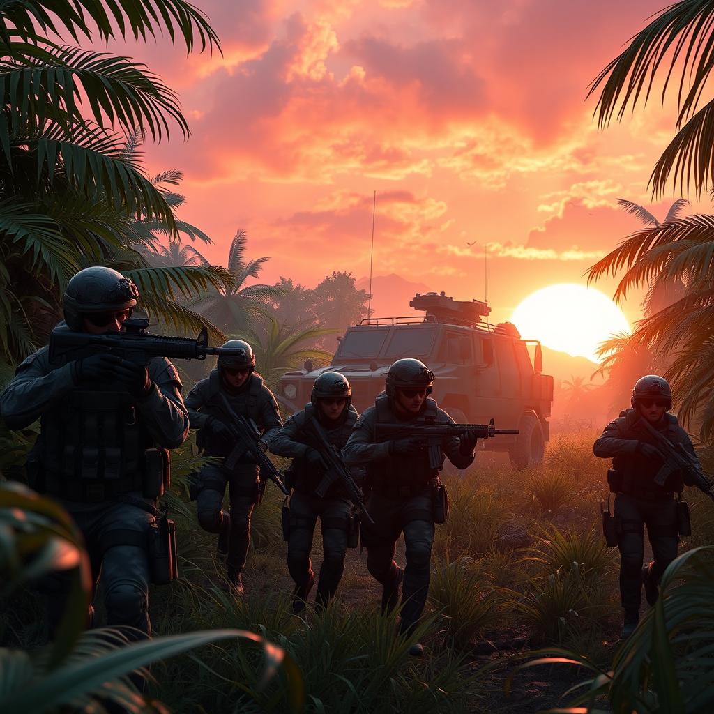 A high-action scene from a battle royale game, depicting a group of elite soldiers in tactical gear navigating through a dense, lush jungle environment