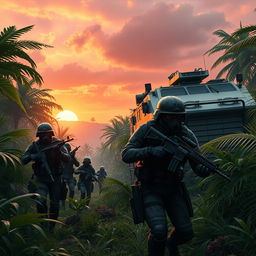 A high-action scene from a battle royale game, depicting a group of elite soldiers in tactical gear navigating through a dense, lush jungle environment