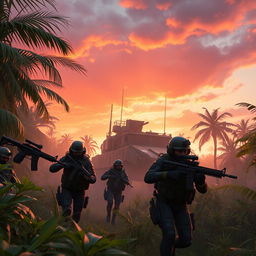 A high-action scene from a battle royale game, depicting a group of elite soldiers in tactical gear navigating through a dense, lush jungle environment