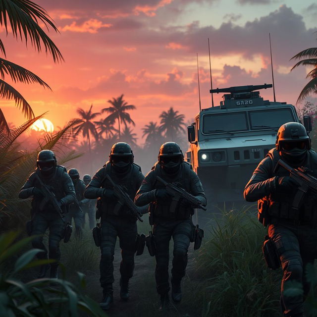 A high-action scene from a battle royale game, depicting a group of elite soldiers in tactical gear navigating through a dense, lush jungle environment